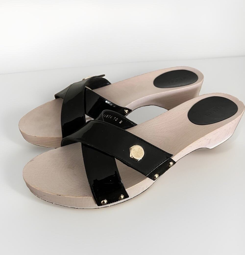 Gucci Black Patent Criss Cross Wood Clog Mules Sandals Size 10